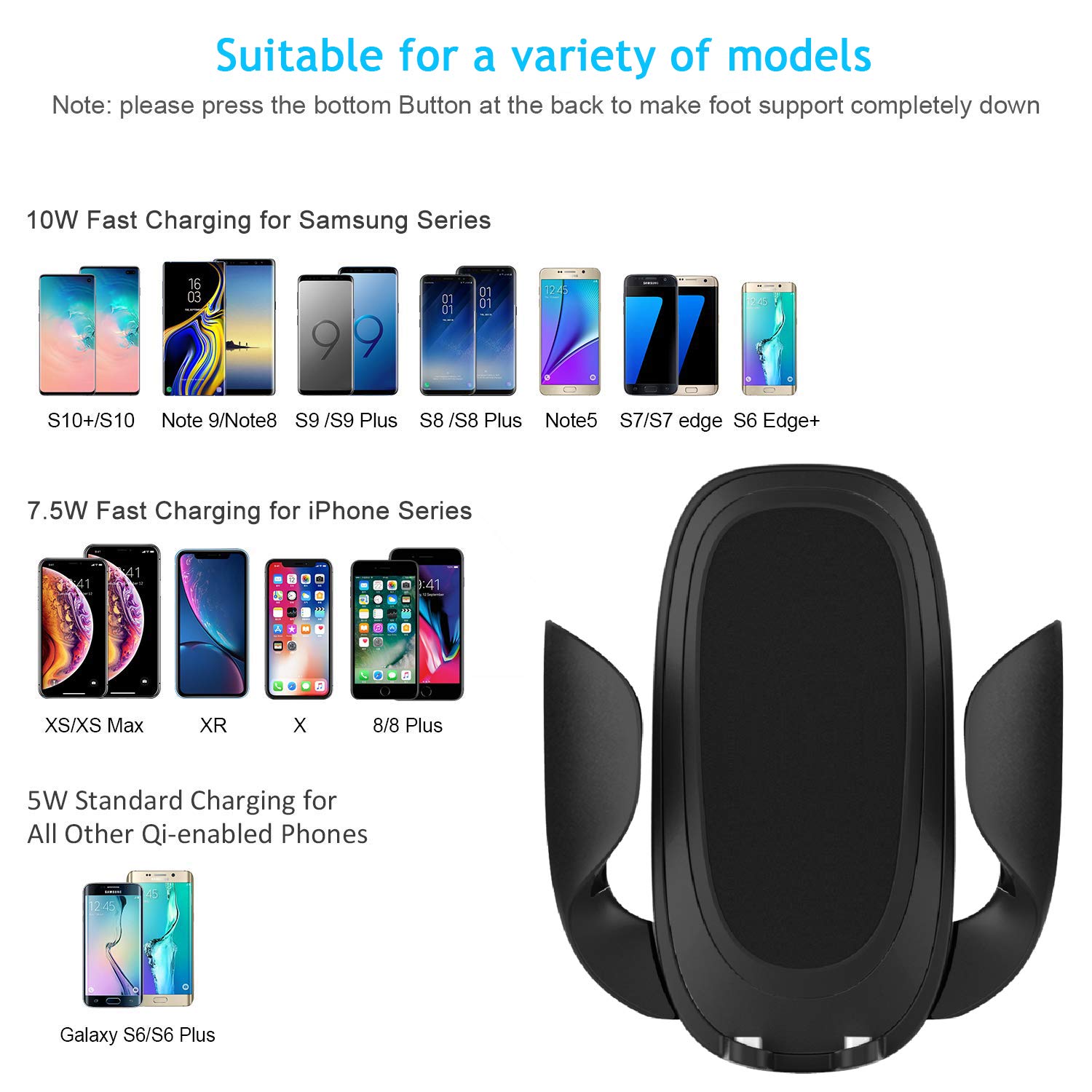 UCMDA Chargeur sans Fil Rapide Voiture, 10W Qi Support Téléphone Voiture Chargeur Auto sans Fil à Induction Réglable pour iPhone XS/XS Max/XR/X/8P/8, Galaxy S9/S9 Plus/S8/S8plus/S7/S7 Edge etc- Noir