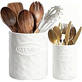 KJEC White Utensil Holder Set of 2 Ceramic Cooking Utensil Crock Modern Kitchen Utensil Organizer for Countertop Spatula Spoon and as a Decorative Vase for Housewarming Gift