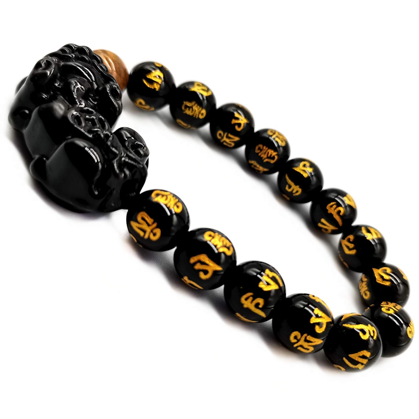 MANRUO Feng Shui The Best 10mm Black Hand Carved Mantra Bead Bracelet with Obsidian Pi Xiu/Pi Yao Lucky Wealthy Amulet Brecelet with Tiger's Eye/Black Stone