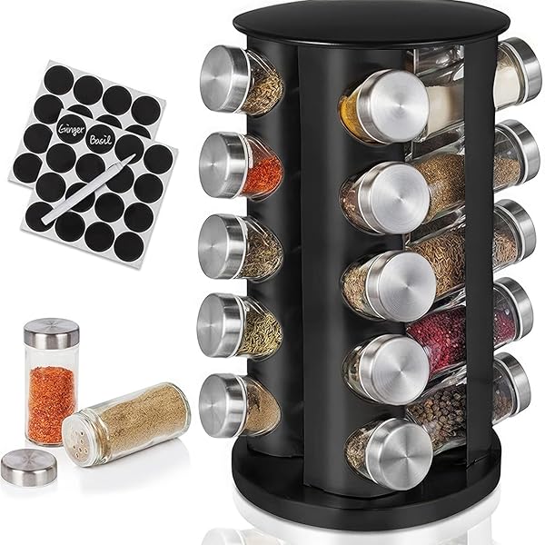 EBIZ&TECH 20-JAR STAINLESS STEEL ROTATING SPICE RACK WITH NON-SLIP BASE – KITCHEN COUNTERTOP ORGANIZER FOR EASY ACCESS AND STORAGE OF SPICES (BLACK)