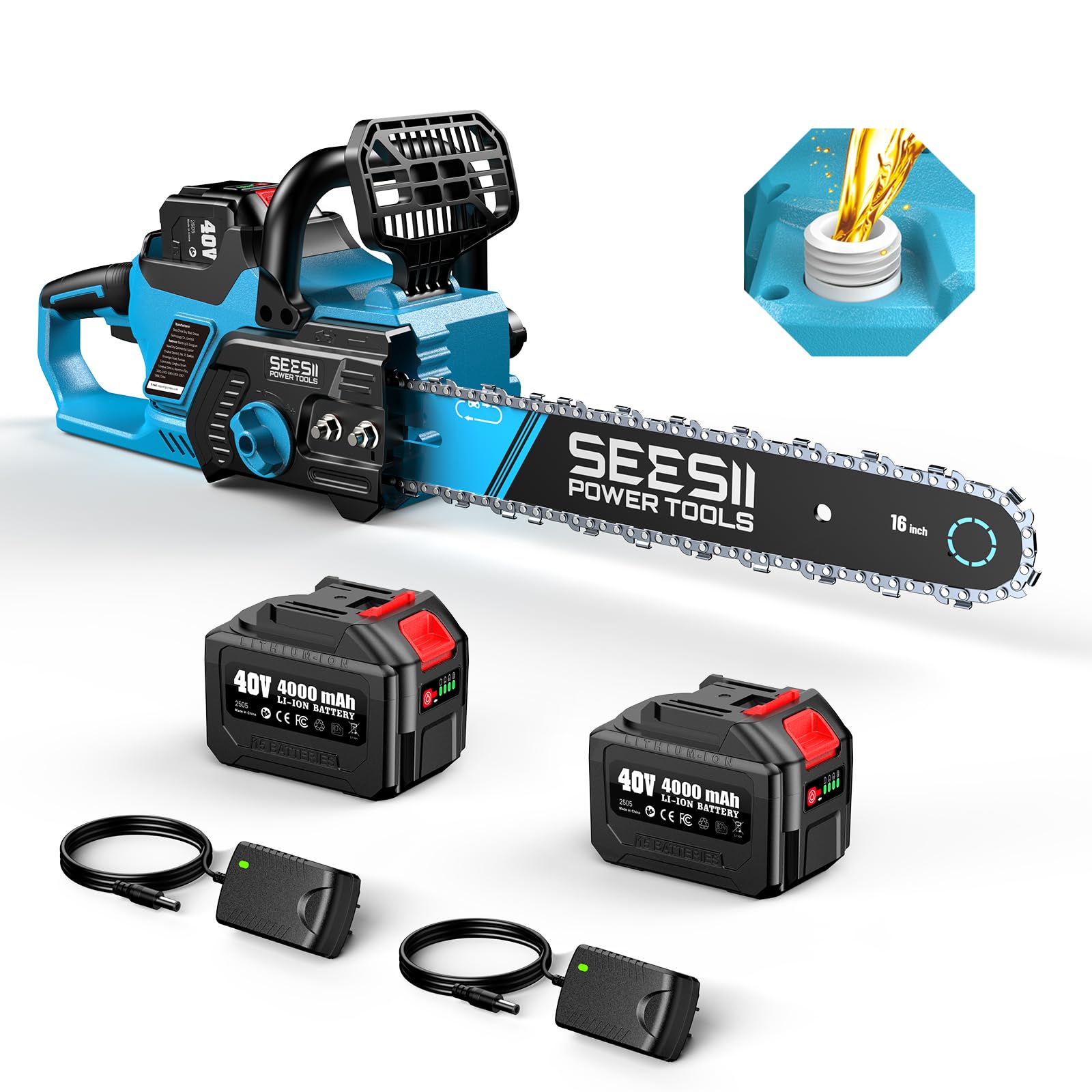 Photo 1 of SEESII 40V 16-Inch Cordless Chainsaw: Brushless Electric Chain Saws with 2×4.0Ah Batteries & Charger, Tool-Free Chain Tension, Auto Oiling, for Tree Trimming, Wood Cutting, Yard Work