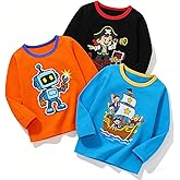 HILEELANG Toddler Boys Long Sleeve Shirts Graphic Cotton Casual Crewneck Tops, Fall Winter Layering Tees 3 Pack,2–7 Years