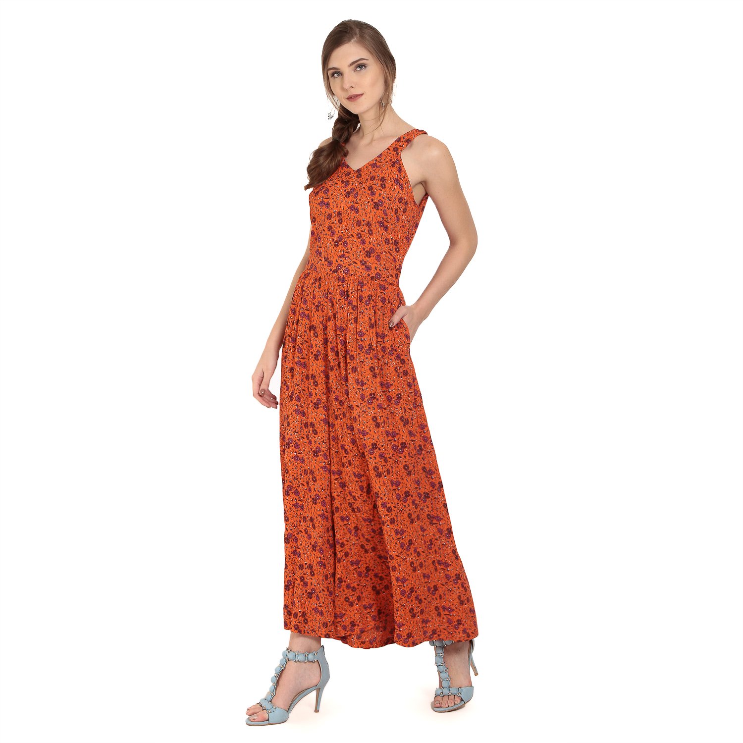 abiti bella women's rayon floral jumpsuit (orange)