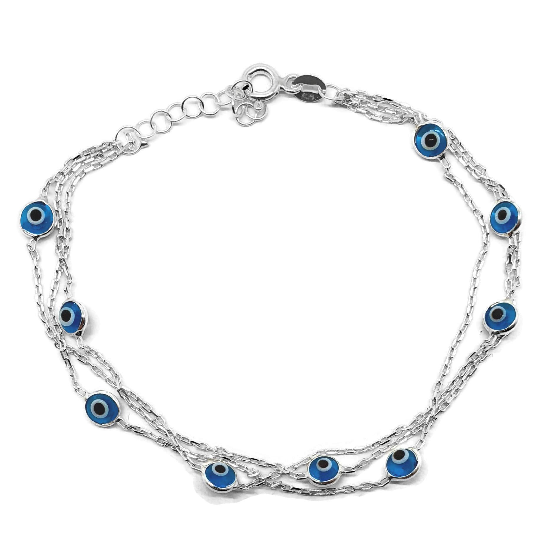 MYSTIC JEWELS by Dalia - 19 cm Silver Evil Eye Bracelet on Triple Chain with Little Eyes - for Good Luck, Crystal, (Light Blue)