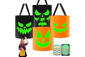 Etnorsu 12 Pcs Halloween Trick or Treat Bucket Set with 4Pcs Halloween Glow in The Dark Ghost Trick or Treat Bags for Pumpkin Candy Bucket and 8Pcs Glow Silicone Bracelets for Party