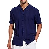 DEVOROPA Mens Button Down Knit Shirts Short Sleeve Casual Collared Hollow-Out Summer Beach Polo Shirt Vacation Sweater Tops