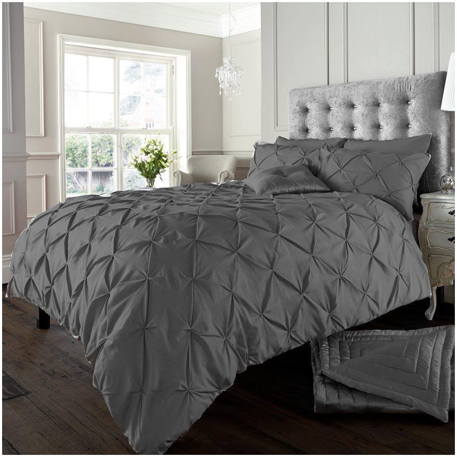 GC GAVENO CAVAILIA Pintuck Duvet Cover, Polycotton Pleated Bedding Bed Set, Charcoal, Double