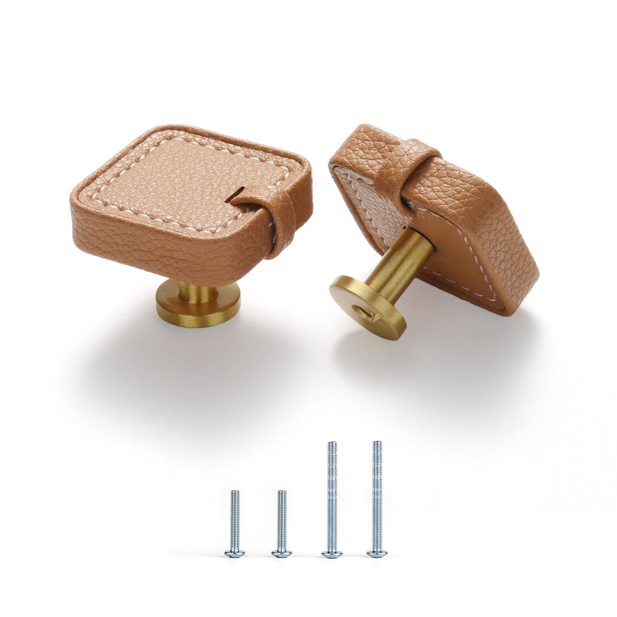 Photo 1 of Satanga Kitchen Leather Cabinet Drawer Dresser Knobs Pack of 4 Khaki Brass Square Cupboard Door Bathroom Handles Furniture Wardrobe Hardware One Single Hole Diameter 1 2/5 Inch with Screws Modern