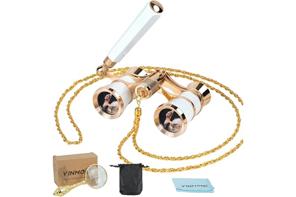 Opera Glasses 3X25 with Adjustable Handle,Chain,Magnifying Glass,BK9 Optical Prism, Mini Compact Vintage Theater Binoculars for Women YINMONE Adults Kids in Opera Musical Concert-White