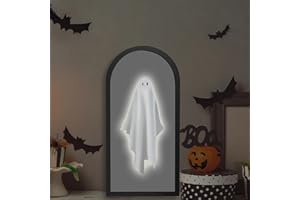 JAOLEE 2025 Halloween Ghost Mirror – 19.6" x 9.4" Hologram Ghost Mirror, Halloween Ghost Decorations Indoor for Fireplace, Living Room, Bedroom, DIY Haunted House Props (Round Border)