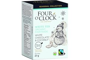 Four O'Clock White Chocolate & Coconut White Tea, Organic, Faitrade, Holiday Winter Collection, Low Caffeine, All Natural, Su