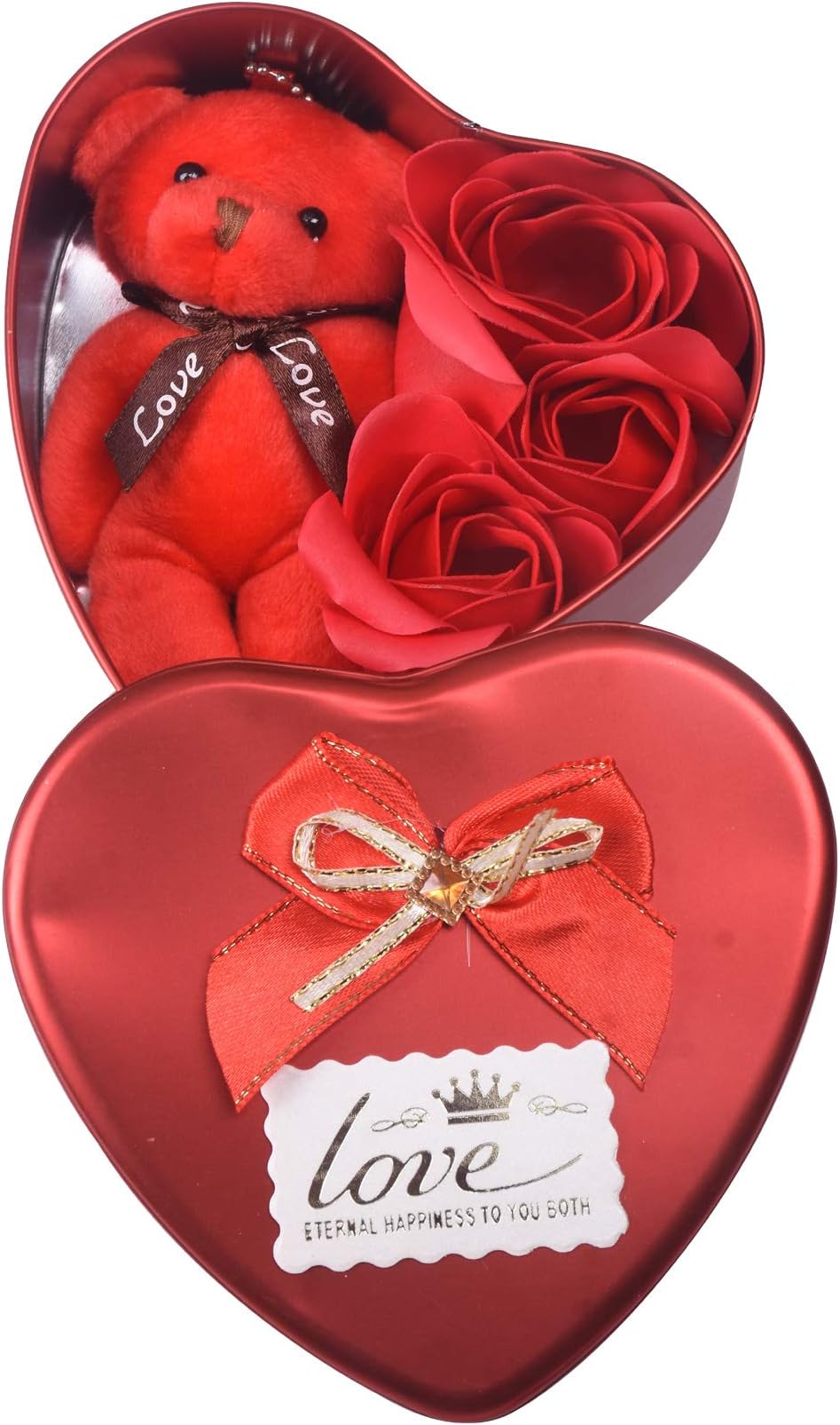 Saugat Traders 3PCS Roses Flowers and 1PC Teddy Bear with I Love You Msg (Heart Shaped Box)