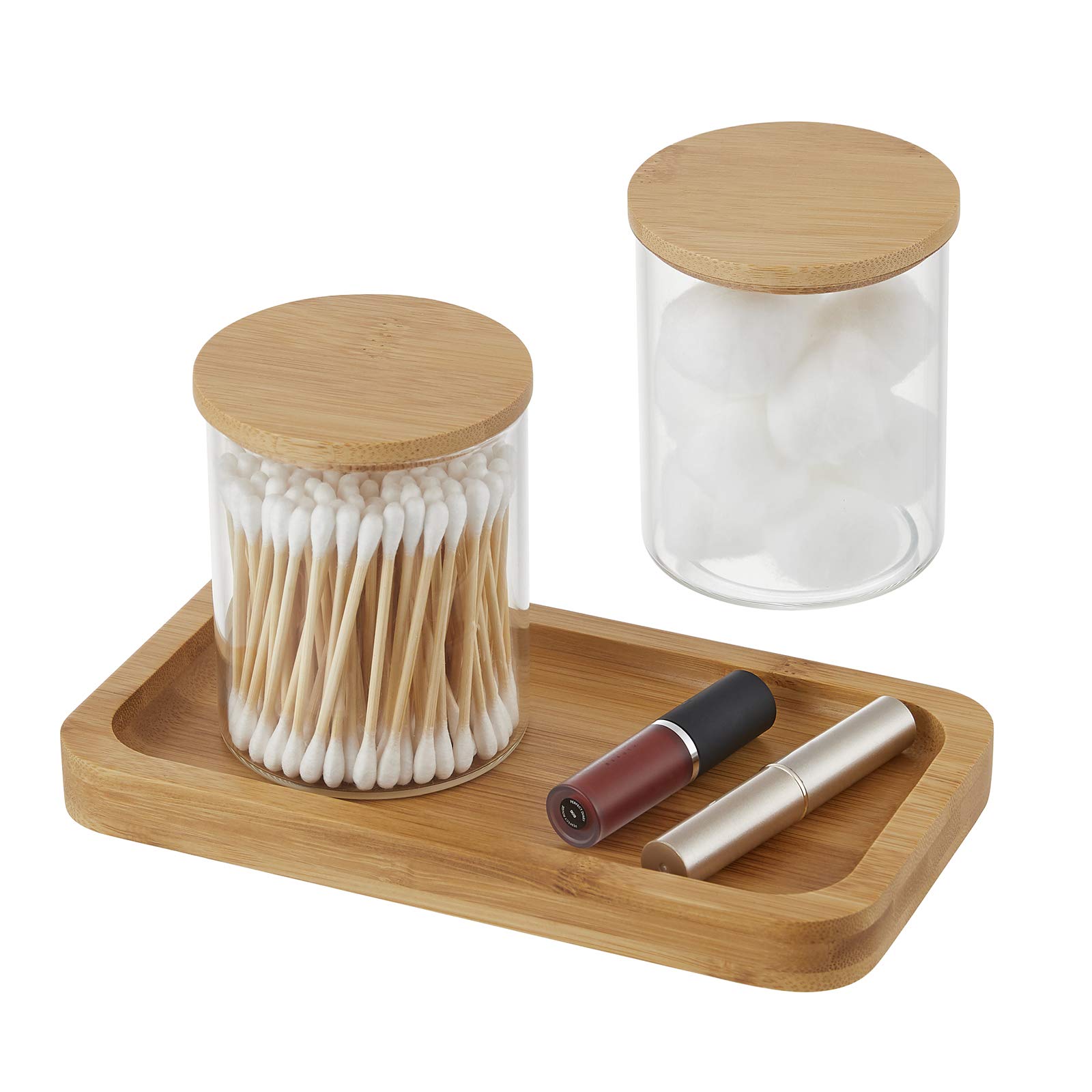 INIUNIK Qtip Holder With Vanity Tray, Glass Apothecary Jars With Lids for Bathroom, Cotton Ball Swab Pad Rounds Holder Canister Jars for Restroom Decorations and Organizer