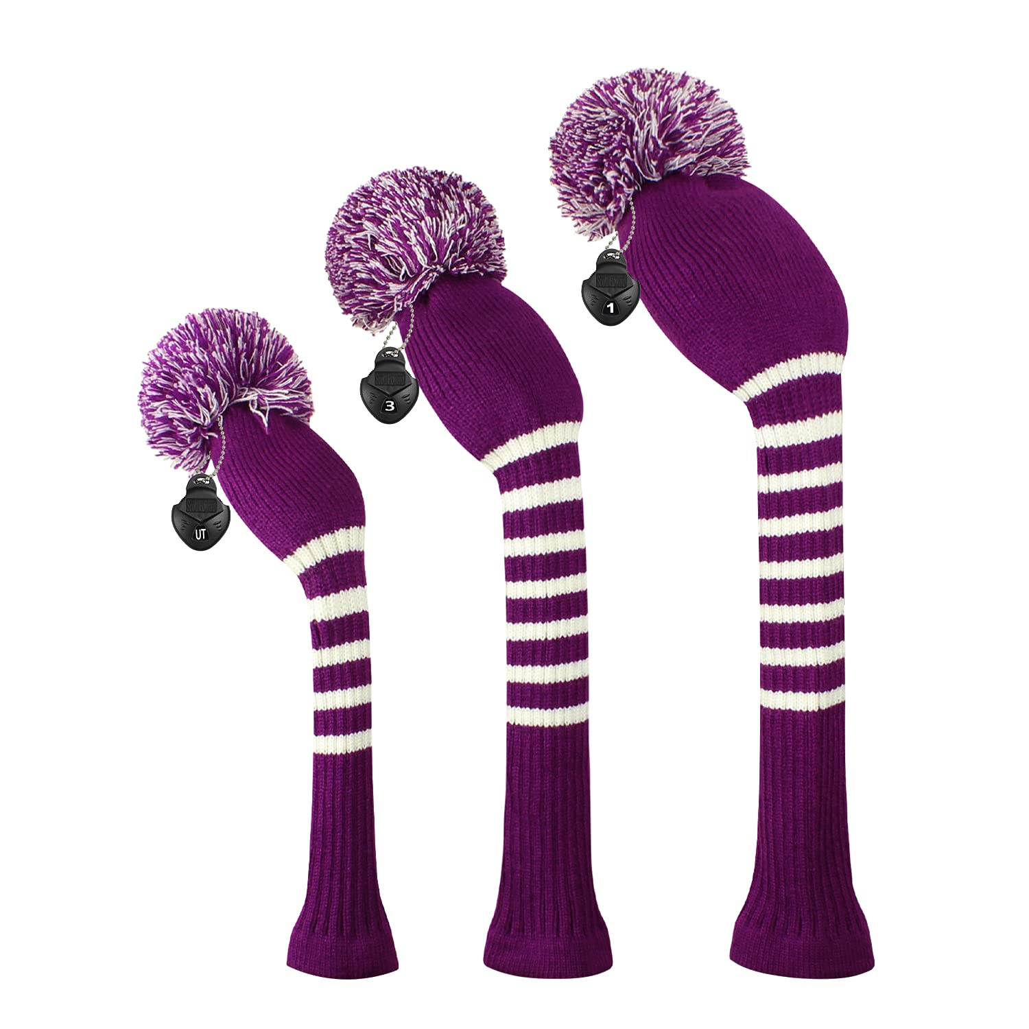 Scott Edward Knitted Stripe Style Golf Headcovers Set of 3 Fits Driver Wood (460cc) Fairway Wood Hybrid (UT) for Men Women Golfers Custom Looking and Washable (Purple)