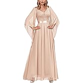 Miusol Women's Deep-V Neck Lace Contrast Sequin 3/4 Sleeve Formal Evening Maxi Dress