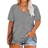 Womens Plus Size Tunic T Shirts Short Sleeve Round Neck Soft Loose Shirts Summer Casual Tops with Pocket