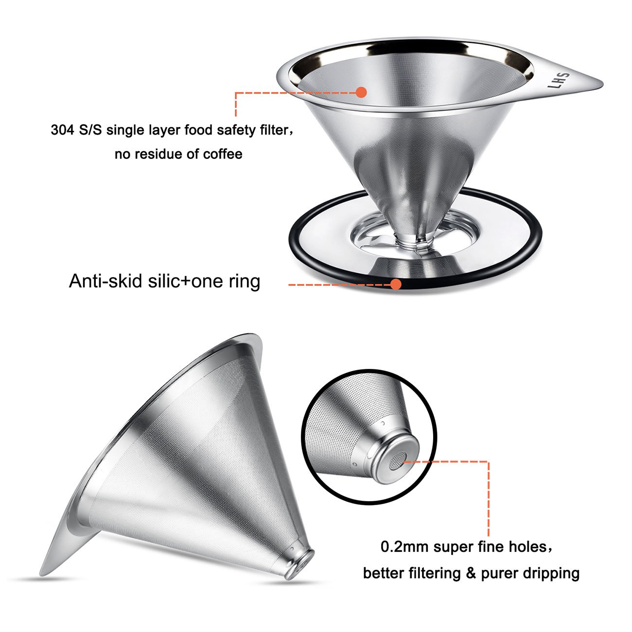LHS Pour Over Coffee Dripper Stainless Steel Coffee Filter Metal Cone Filter Paperless Reusable Coffee Filter Single Cup Coffee Maker 1-4 Cup With Non-slip Cup Stand and Cleaning Brush