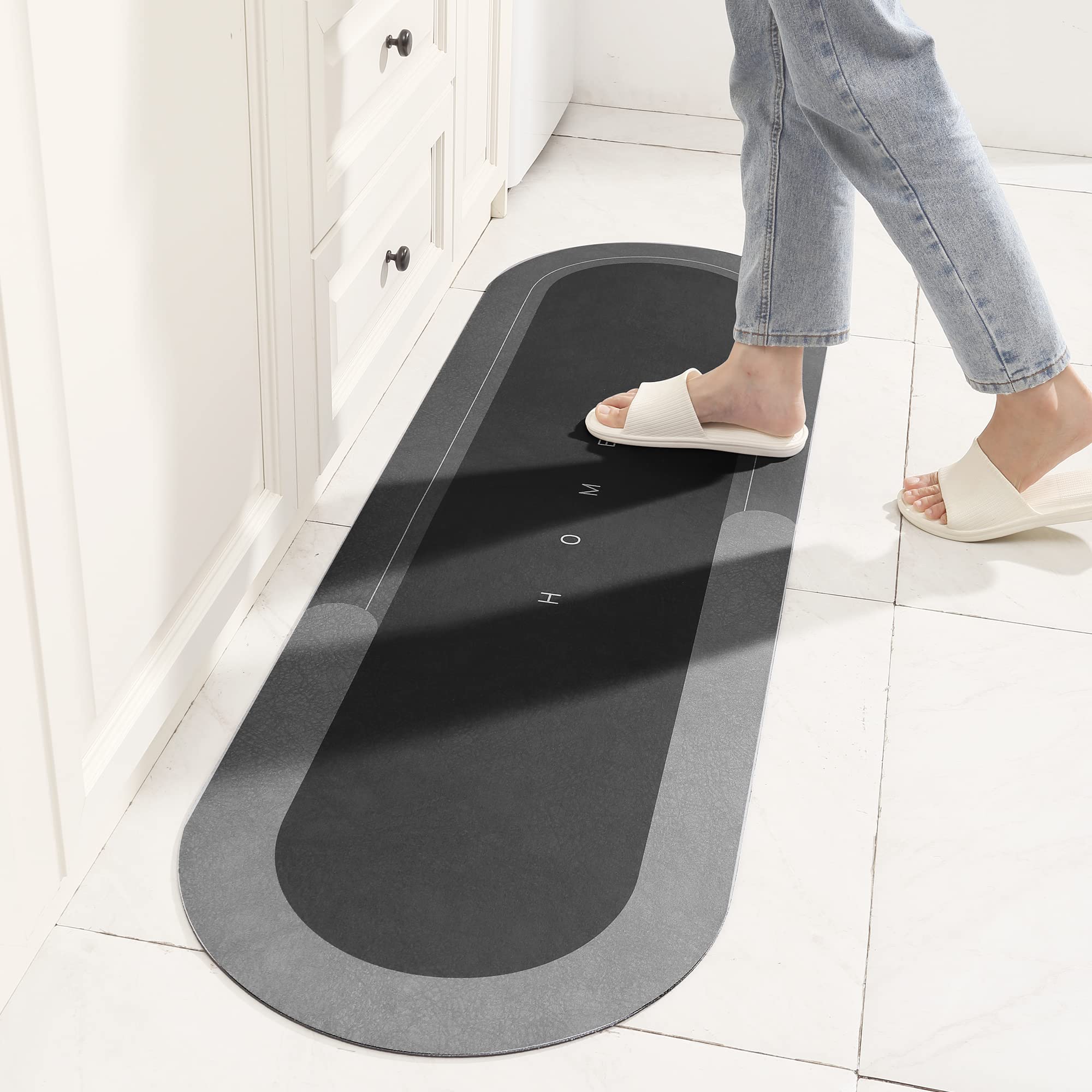 TOKLYUIE Super Absorbent Bath Mat Non Slip Anti Mould Quick-Drying Bathroom Mat Simple Kitchen Door Mat Machine Washable Large Living Room Carpet(45 x 150 cm, Oval Dark Gray)