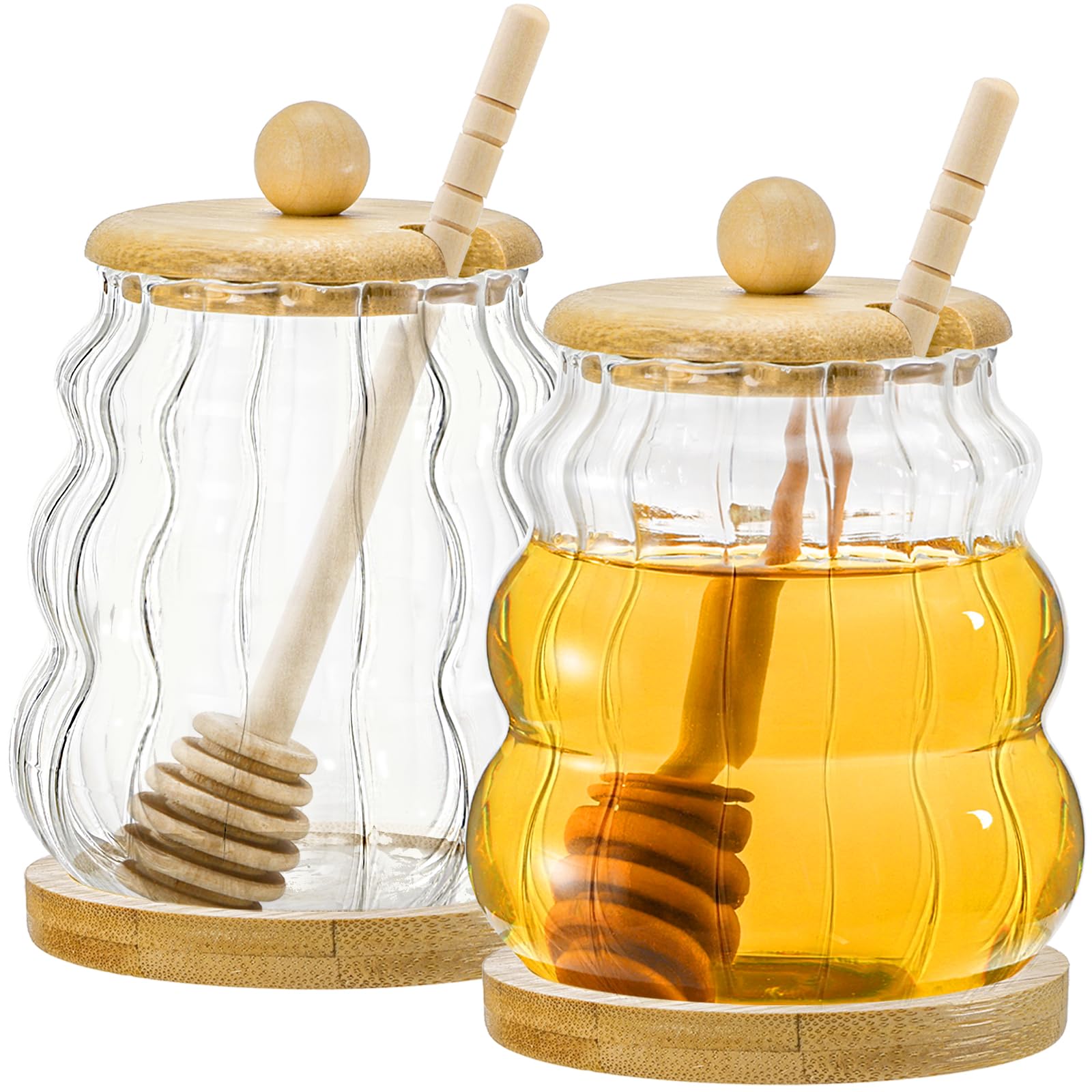 Photo 1 of SOUJOY 2 Pack Glass Honey Jar with Dipper, 15 oz Beehive Honey Pot Set with Bamboo Lid and Base, Wide Mouth Syrup Containers Dispensers for Coffee Bar Home Kitchen Organization