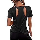 OYOANGLE Women's Open Back Workout Tops Short Sleeve Cut Out Crossover Hem Running Gym Exercise Athletic T Shirts