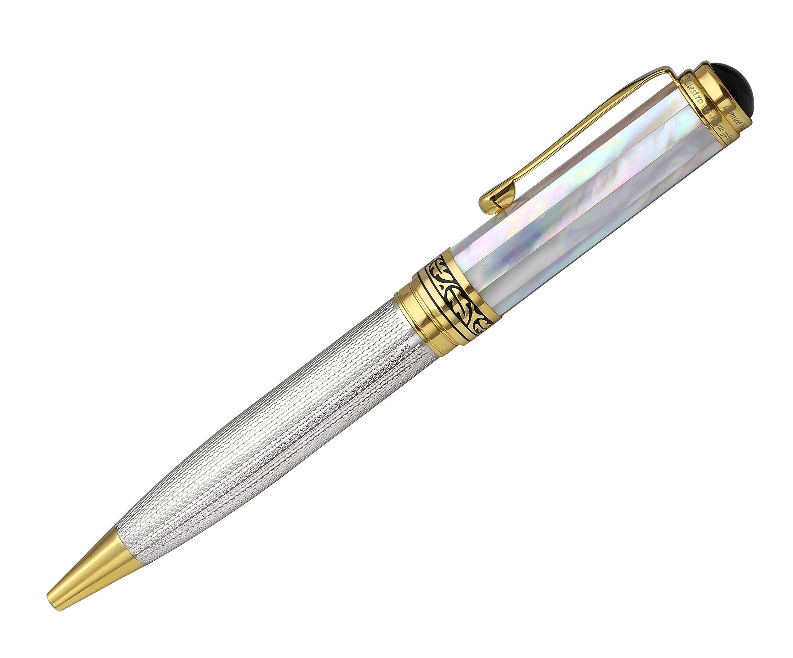 Xezo Maestro Twist Action Ballpoint Pen, Medium Point. Oceanic White Mother of Pearl with 925 Sterling Silver and 18 Karat Gold Plating. Handcrafted, Limited Edition, Serialized
