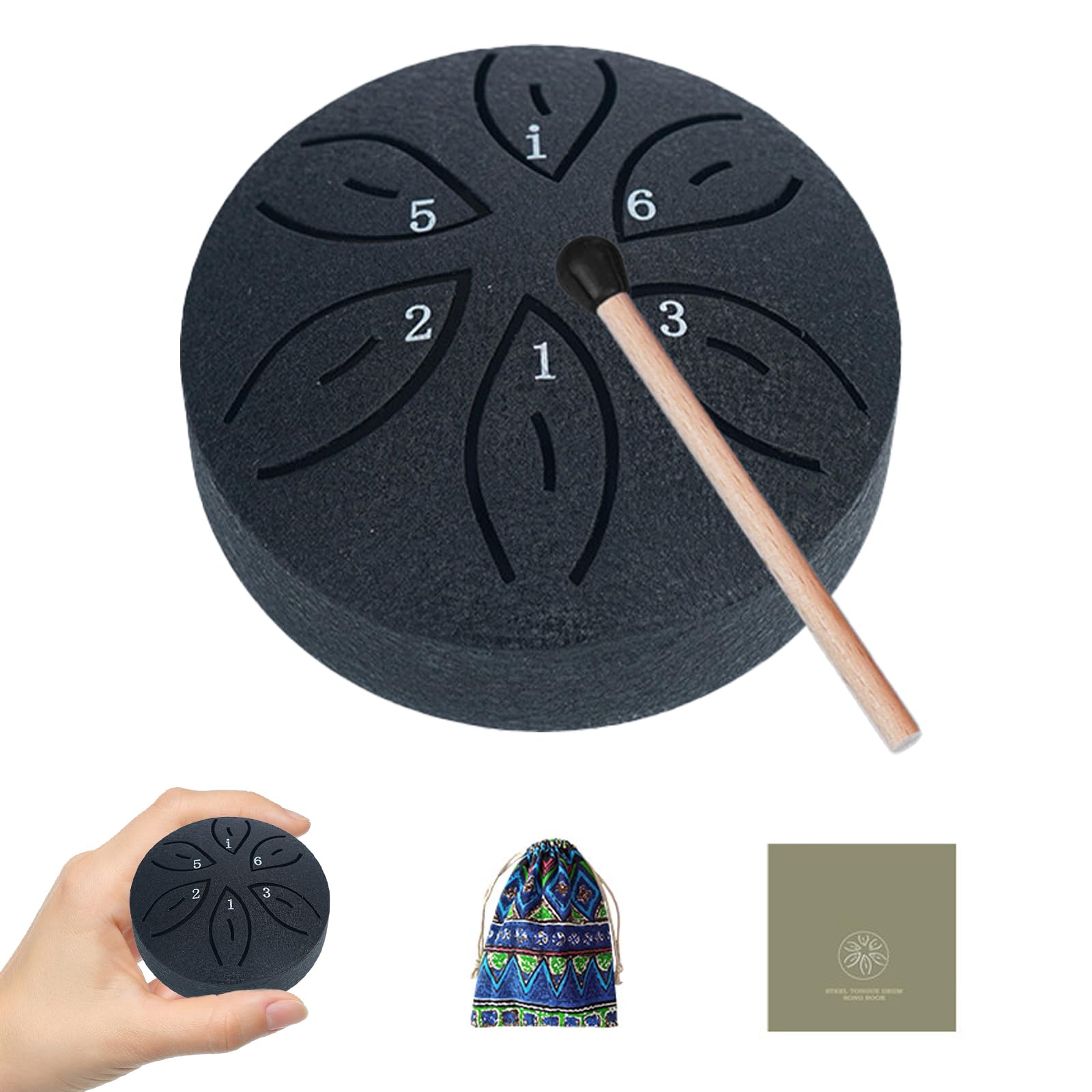 TINGSING Mini Rain Drum for Outside Garden-3 Inches 6 Notes Steel Tongue Drum Protable Rains Drums Chime Handpan with Cloth Bag, Mallets, Music Book, Musical Instrument for Adult Gift, Black