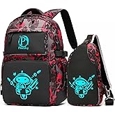 Pawsky School Backpack with USB Charging Port for Teen Boys, Anime Luminous Backpack College School Bookbag Lightweight Laptop Bag with Sling Bag Set, Red