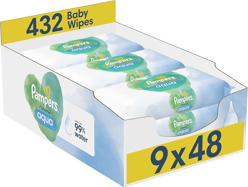 Pampers Harmonie Aqua Plastic Free Baby Wipes 9x48 432 Wipes 99% Water