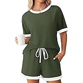 Ekouaer Women Ribbed Knit Pajama Sets, 2 Piece Short Sleeve Top and Shorts Soft Pjs Sleepwear with Pockets Lounge Sets S-XXL