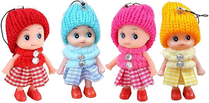 Windup 4 Cute Mini Soft Toy Dolls for Keychain and Mobile Phone - Multicolour - 9CM - Set of 4