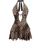 SOLY HUX Women's Plus Size Leopard Print Halter Dress Y2k Gothic Deep V Cheetah Tie Backless Layered Ruffle Mini Dresses