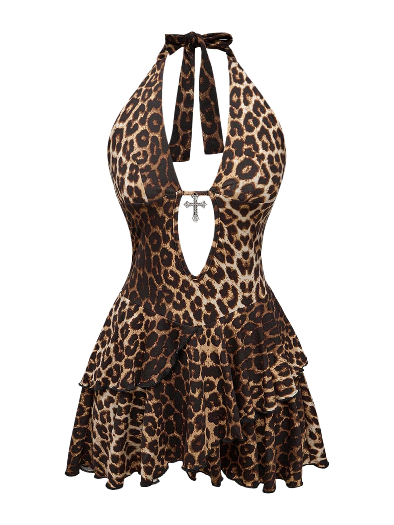 Photo 1 of SOLY HUX Women's Plus Size Leopard Print Halter Dress Y2k Gothic Deep V Cheetah Tie Backless Layered Ruffle Mini Dresses Multicoloured Leopard XX-Large Plus