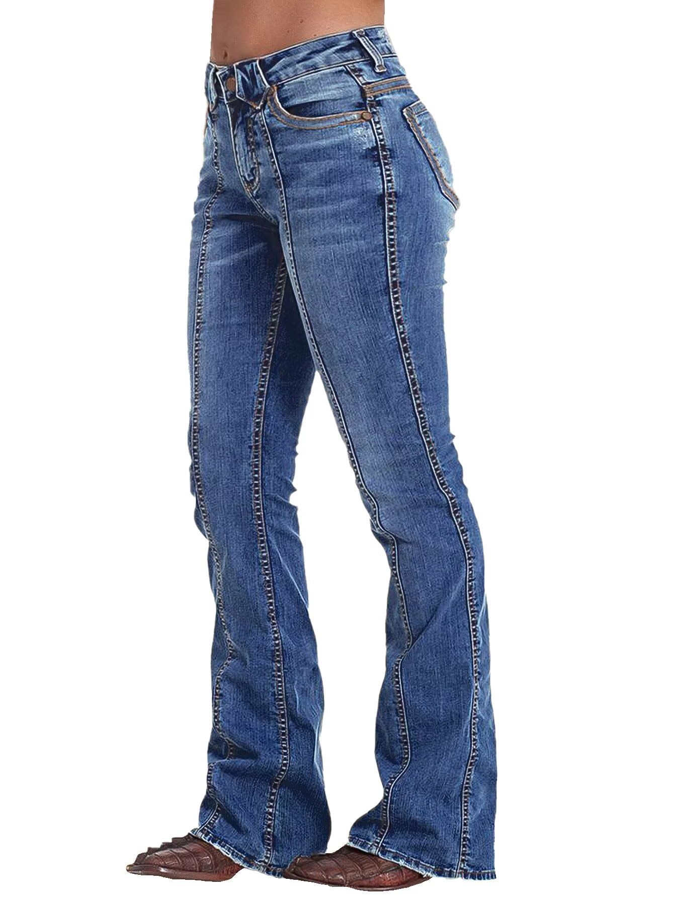 Photo 1 of **SHOWS SIGNS OF HEAVY USAGE** Flamingals Boot Cut Jeans for Women Mid Rise Butt Lifting Stretchy Trendy Bell Bottom Flare Denim Jeans Mid Blue L