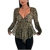 BEAUDRM Women's Plus Size Floral Peplum Tops Bow Tie Front Long Sleeve Sweetheart Neck Going Out Fall Top