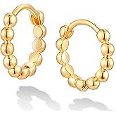 Dremmy Studios Dainty CZ Huggie Hoop Earrings 14K Gold Plated Chunky Simple Cute Thick Round Frill Bead Ball Starburst Cuff Earrings Cubic Zirconia Hoop Earrings Minimalist Personalized Gift for Her