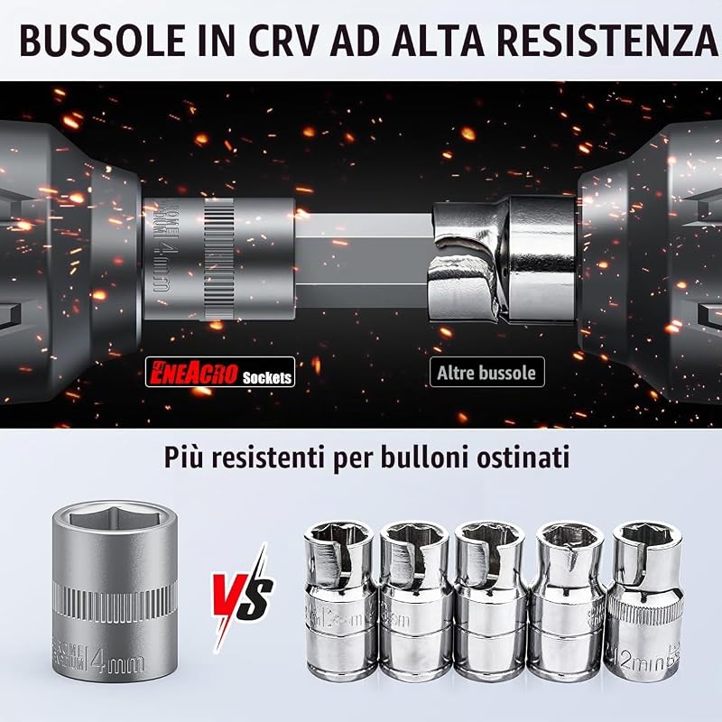 Set Chiavi a Bussola 46 Pezzi con 1/4", Bussole, Estensioni, Bits, Acciaio Cromo-Vanadio, Custodia Inclusa - Set Chiavi a Cricchetto Completo