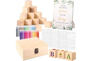 Draupnir 92 Pcs Fun Baby Shower Games Sign Kit Babies Coloring Blocks for Baby Shower, Wooden DIY Blank Blocks Freehand Painting with 36 Paint Markers