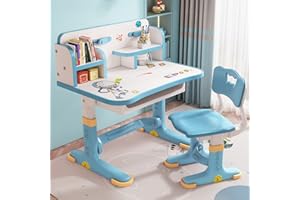 JENPECH Kids Desk and Chair Set, Adjustable Height Toddler Table and Chair Set with Storage and Drawers Girls Desk Pink Writing Reading Drawing (Blue)