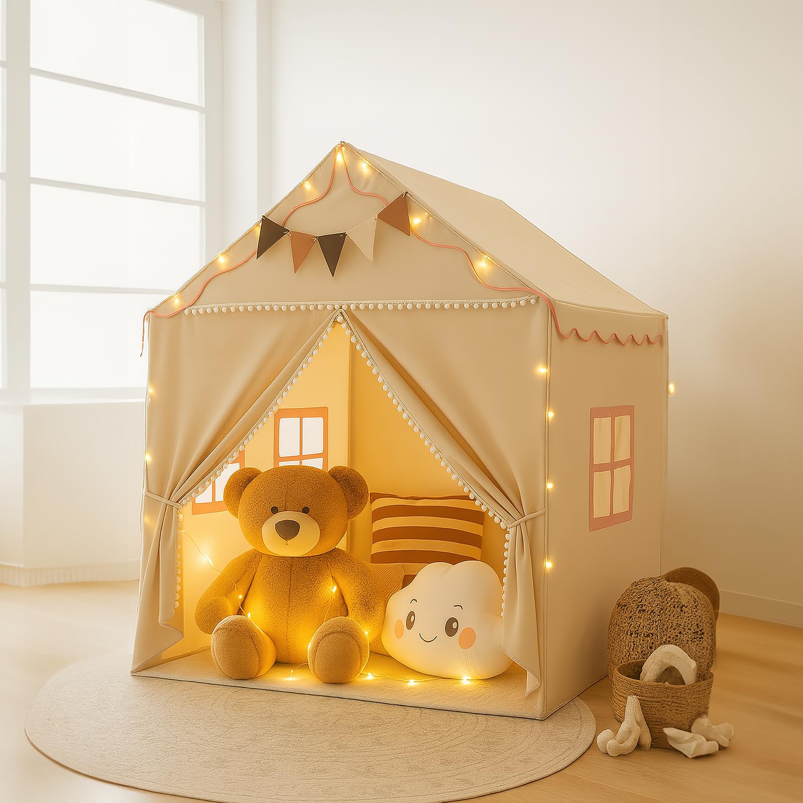 Kids Play Tent, 2 in 1 Large Kids Playhouse Tents, Toddler Bed Tents with Light Padded Mat Colorful Flags for Indoor Outdoor, 132 x 135 x 100cm