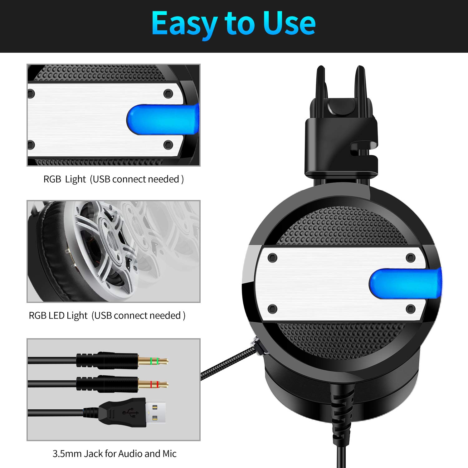 GYORGKSHI Over–Ear Headphone, LED Light Headphones Wired Headsets with Adjustable Microphone,3.5mm Adapter Gaming Headset for Xbox One, S, PS4, PC