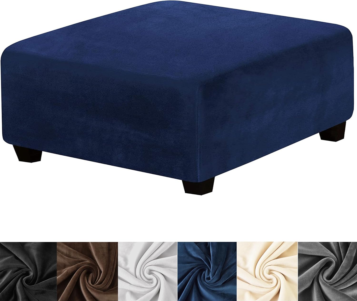 Slipcovers - HFCNMY Ottoman Cover Square,Stretch Velvet Square Ottoman Cover Thick Ottoman Slipcover Square Washable Storage Ottoman Cover Foot Stool Cover with Elastic Bottom for Living Room Blue Large