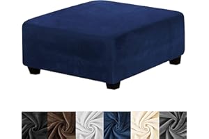 HFCNMY Stretch Velvet Ottoman Cover - Square Washable Slipcover With Elastic Bottom for Storage Footstool in Living Room, Blue, Large