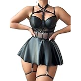 allribelly Women's PU Leather Mini Dress Sexy Strappy Garter Lingerie Set