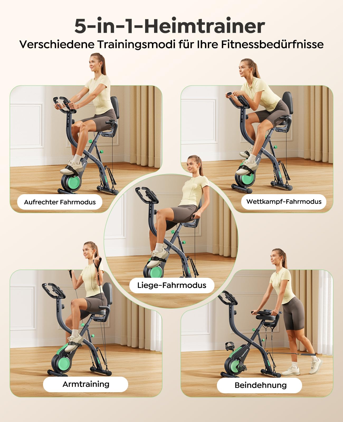 Neu Toputure Heimtrainer Fahrrad Klappbar mit App, 5-in-1 Ergometer mit Hand-Bein-Zugseilen, 16 Magnetwiderstand, Indoor Hometrainer bis 140 KG, Ultraleise 2