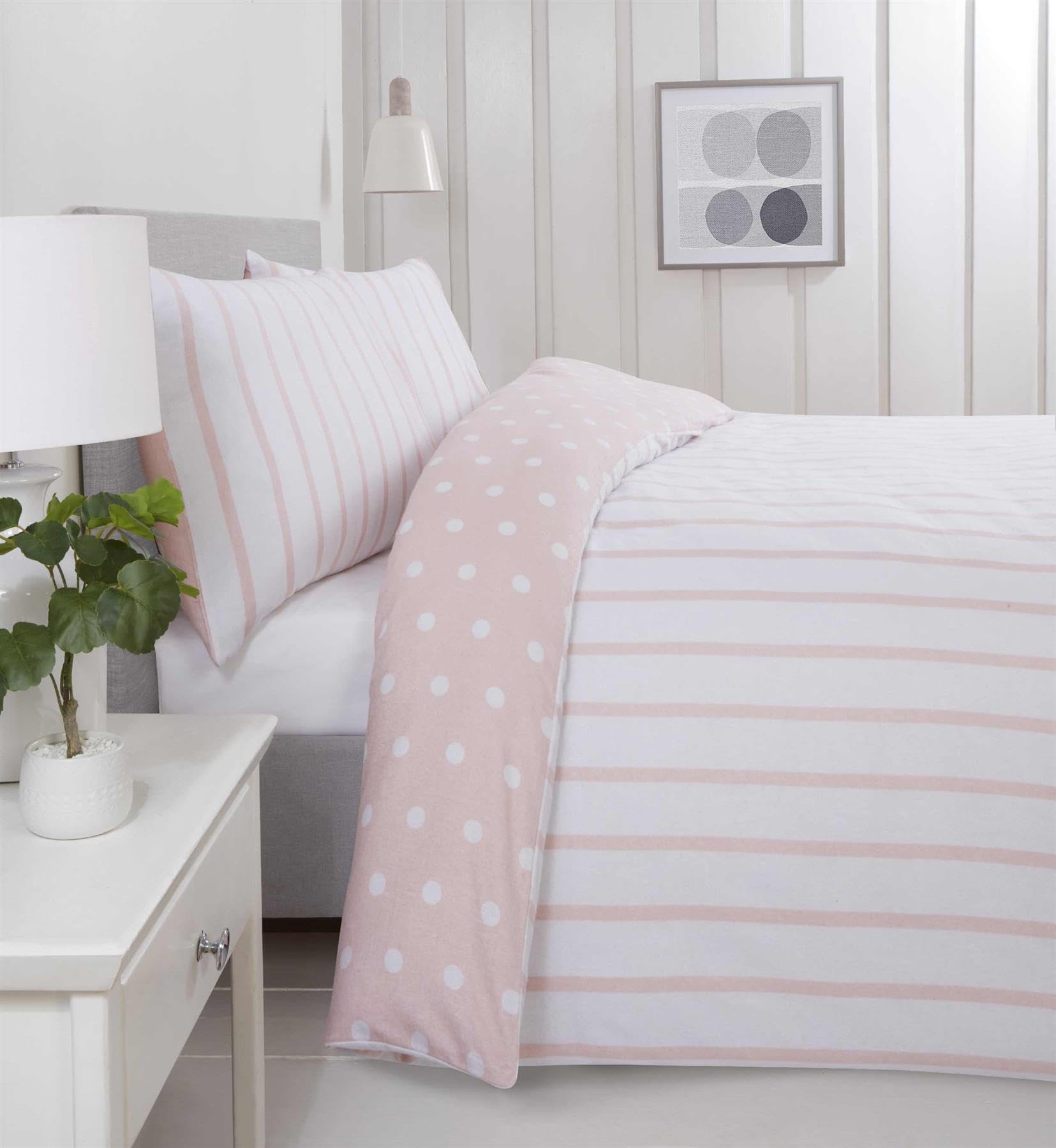 Rapport Home 180 Threadcount Spots & Stripes Brushed Microfibre Duvet Cover Set Double Blush, Pink