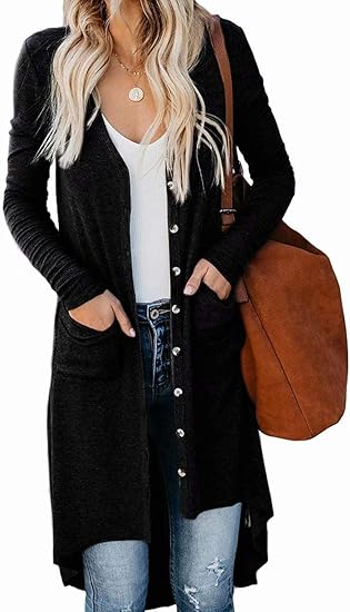 Amazon Kumi ロングカーディガン レディース ニットカーディガン ニットセーター ロングジャケット ポケット 薄手 羽織 アウター スリム S ブラック カーディガン ボレロ 通販