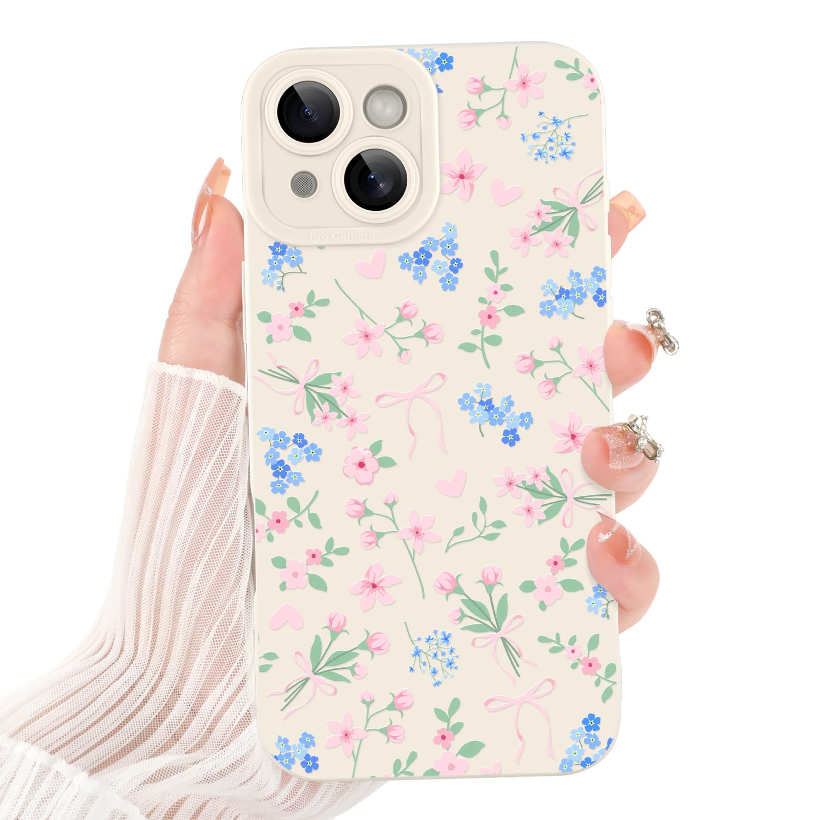 LEOMAKRON Case for iPhone 15 Plus,Cute Flower Pink Bow Heart for Women Girls,Soft Shockproof Aesthetic Protective TPU Bumper Floral Phone Case,White