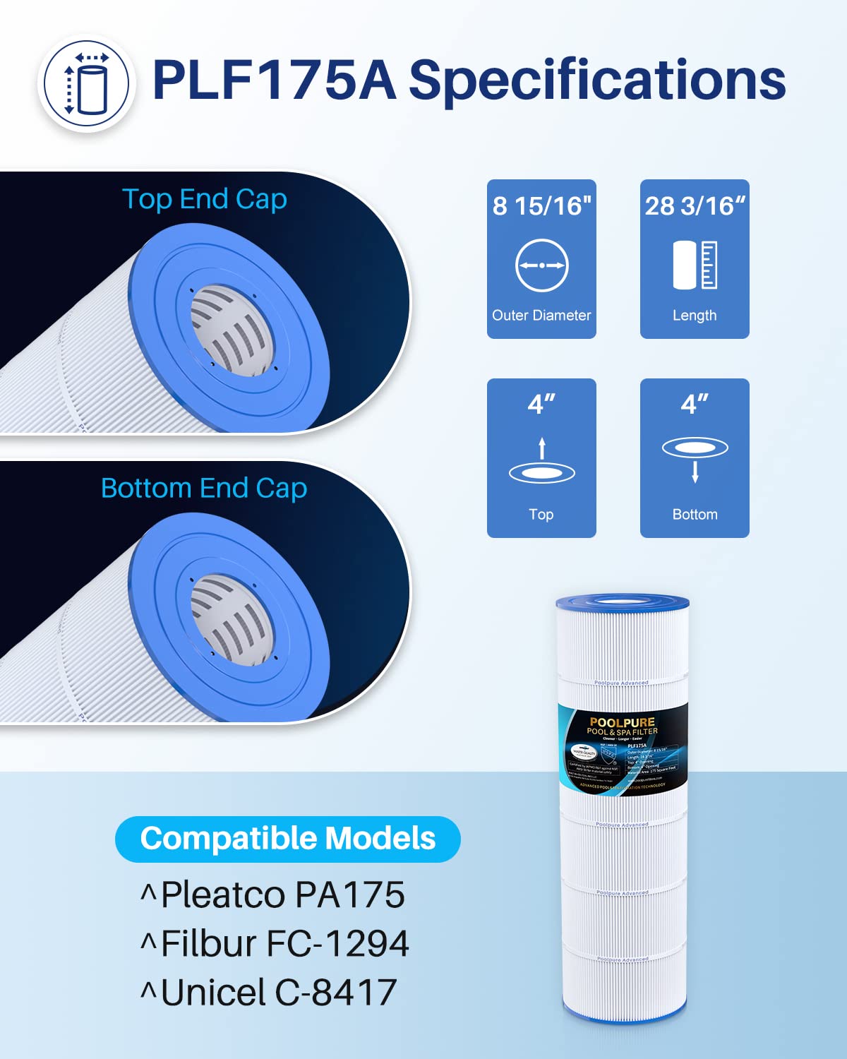 POOLPURE PLF175A Pool Filter Replaces Hayward C1750, CX1750RE, PA175, Ultral-B4, Unicel C-8417, Filbur FC-1294, Sta-Rite PXC175, 817-0175P, L x OD: 28 3/16