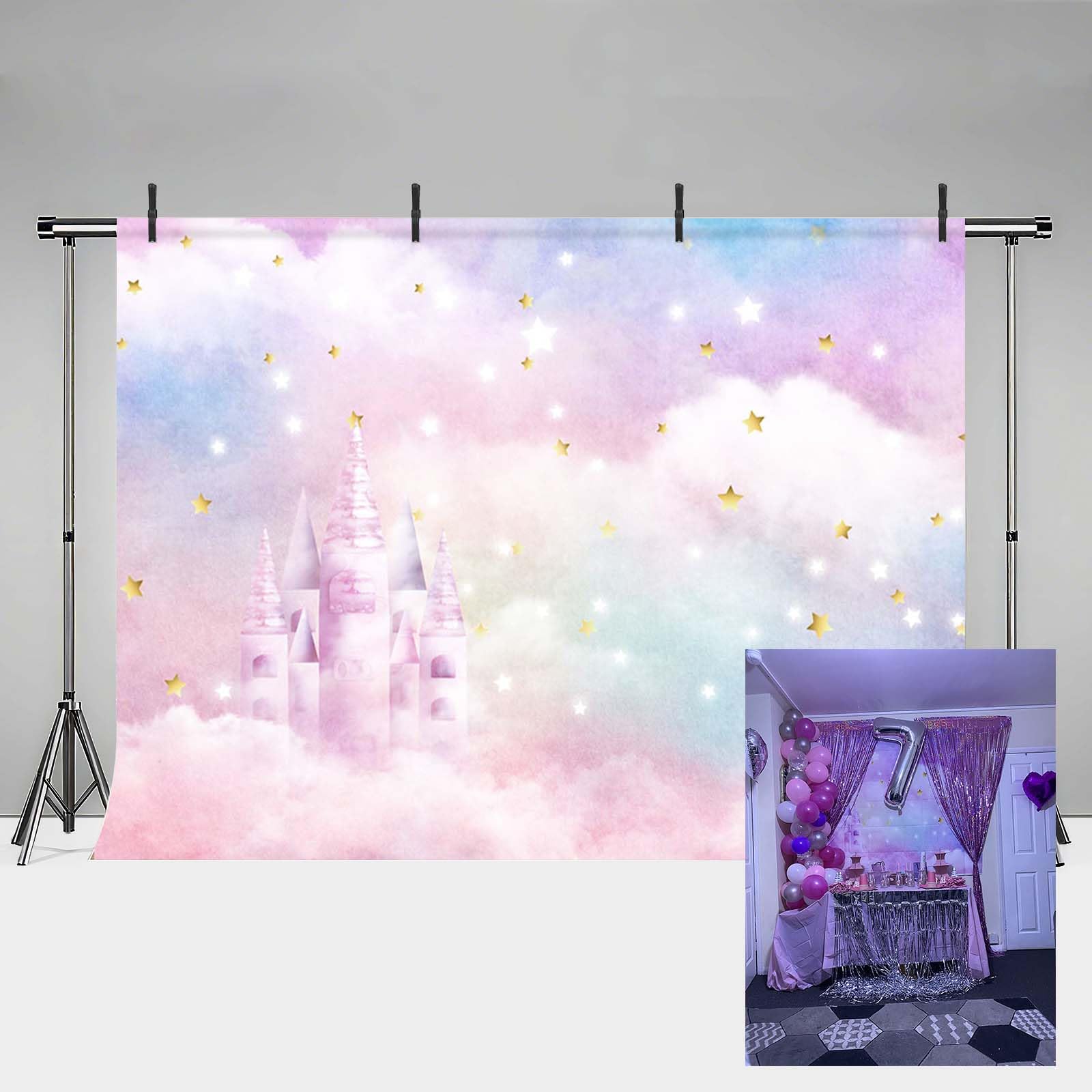 MEHOFOND 7x5ft Dreamy Rainbow Castle Party Background Girl Colorful Clouds Gold Star Princess Photography Backdrop Photo Shoot Decor Banner Portrait Photo Booth Props Supplies