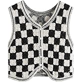 SOLY HUX Women's Plaid Checkered Sweater Vest V Neck Sleeveless Button Down Crochet Knit Crop Tank Tops